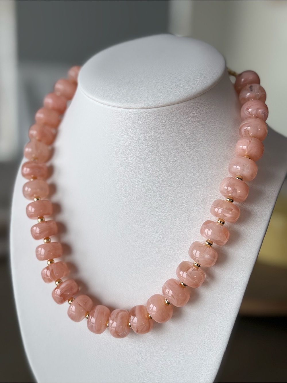 Rose Quartz Pink Bead Necklace with Gold Accents - Women's Jewelry